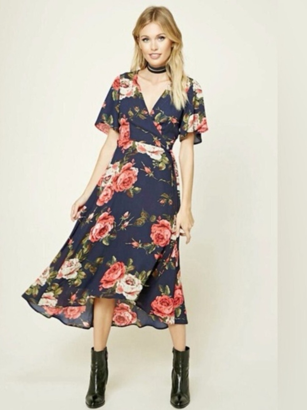Navy Floral Wrap Midi Dress with Pink Rose Print and Flutter Sleeves Forever 21